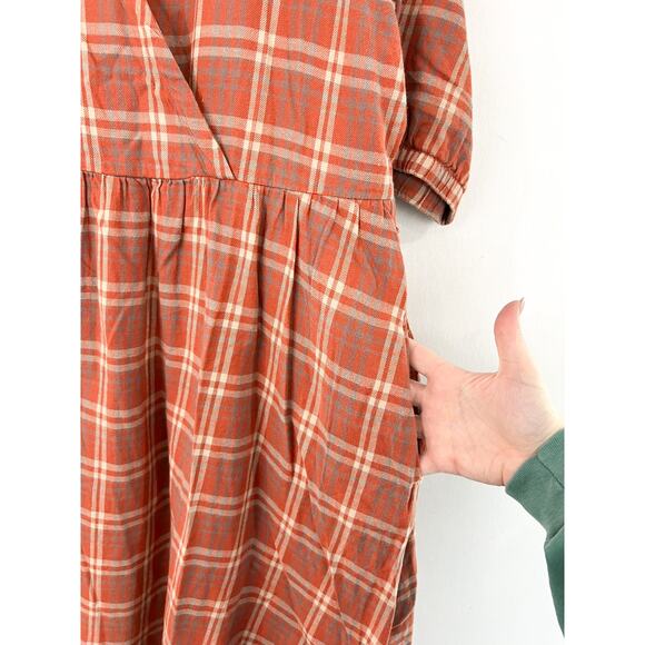 PACT Fireside Flannel Crossover Dress Large Orange Plaid Fall Cotton Boho Modest - Picture 7 of 9